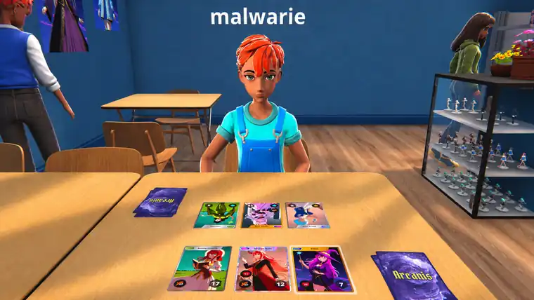 An Arcanis card battle at a table against a customer, cards laid out in rows